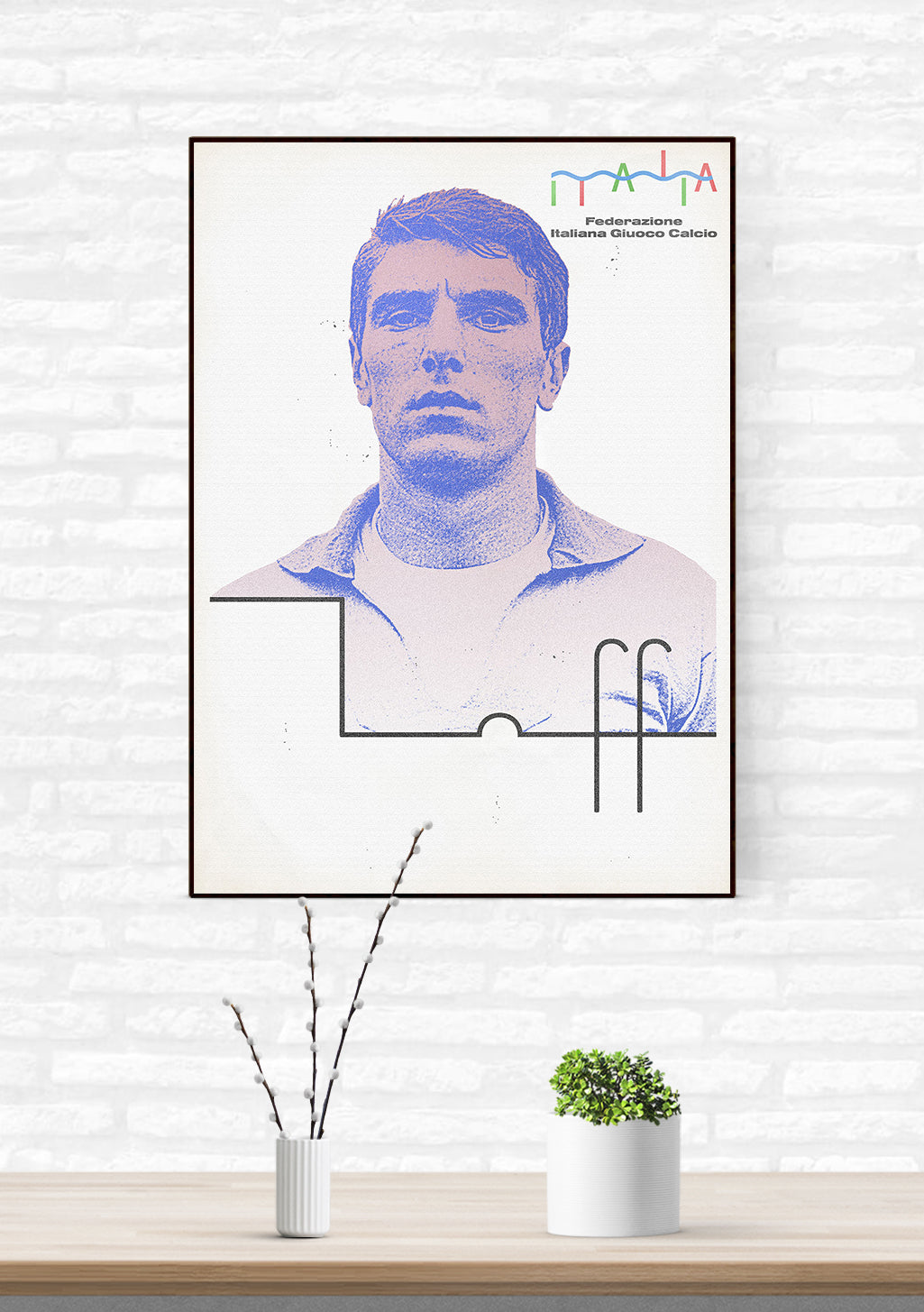 Homme, Bleu, Rouge, Football, Italie, Poster, Mur, Plante, Vase, Blanc, Moderne, Art