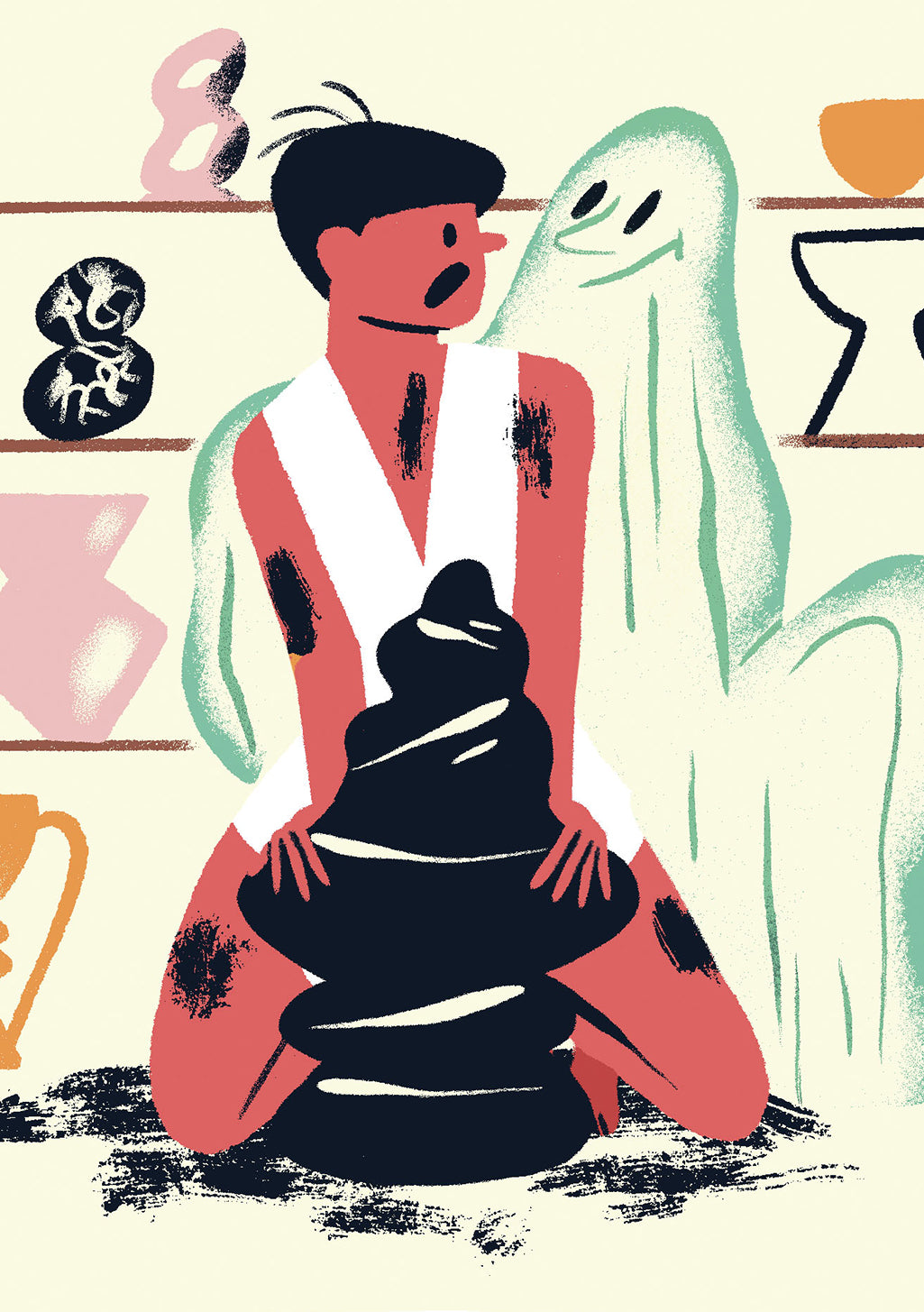 Illustration stylisée d'une personne avec un fantôme, couleurs vives, arrière-plan abstrait