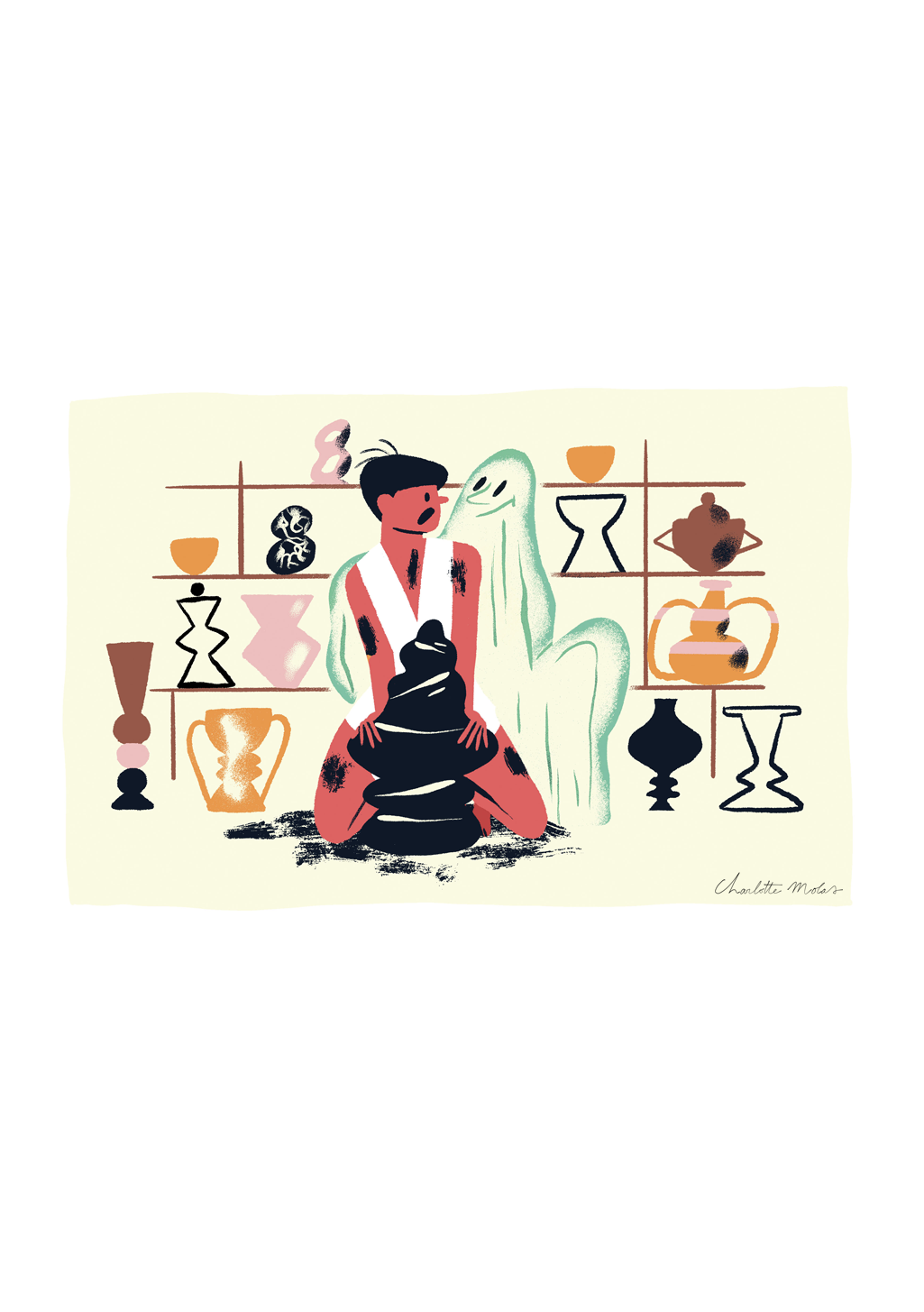 Art abstrait, figures stylisées, poterie, couleurs vives, interaction humaine