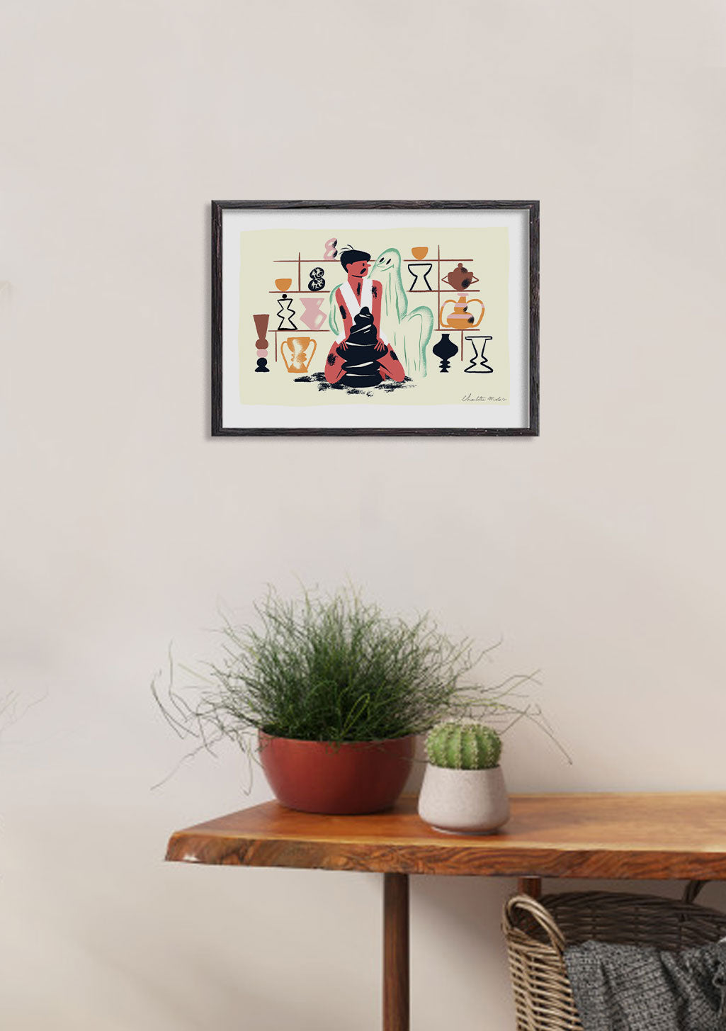 Art abstrait femme stylisée, couleurs vives, divers objets