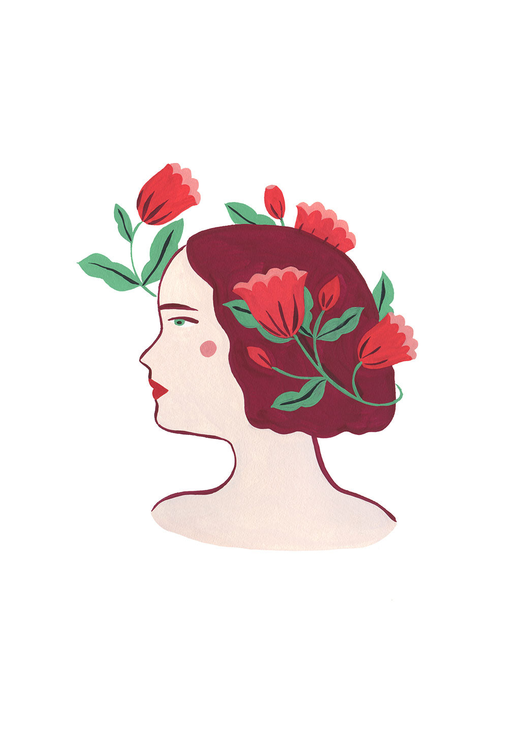 Illustration stylisée d'une femme avec des fleurs rouges dans les cheveux