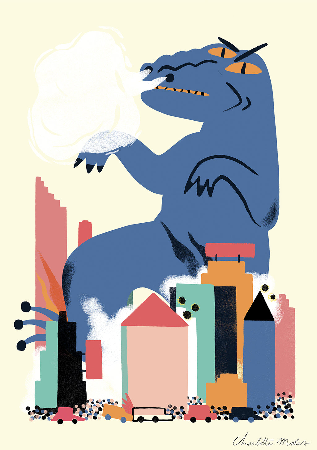 Dragon bleu crachant du feu sur ville colorée