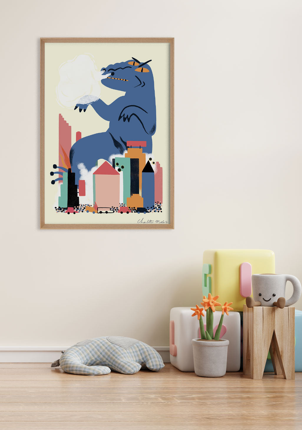 Poster de monstre bleu tenant nuage, ville colorée en arrière-plan