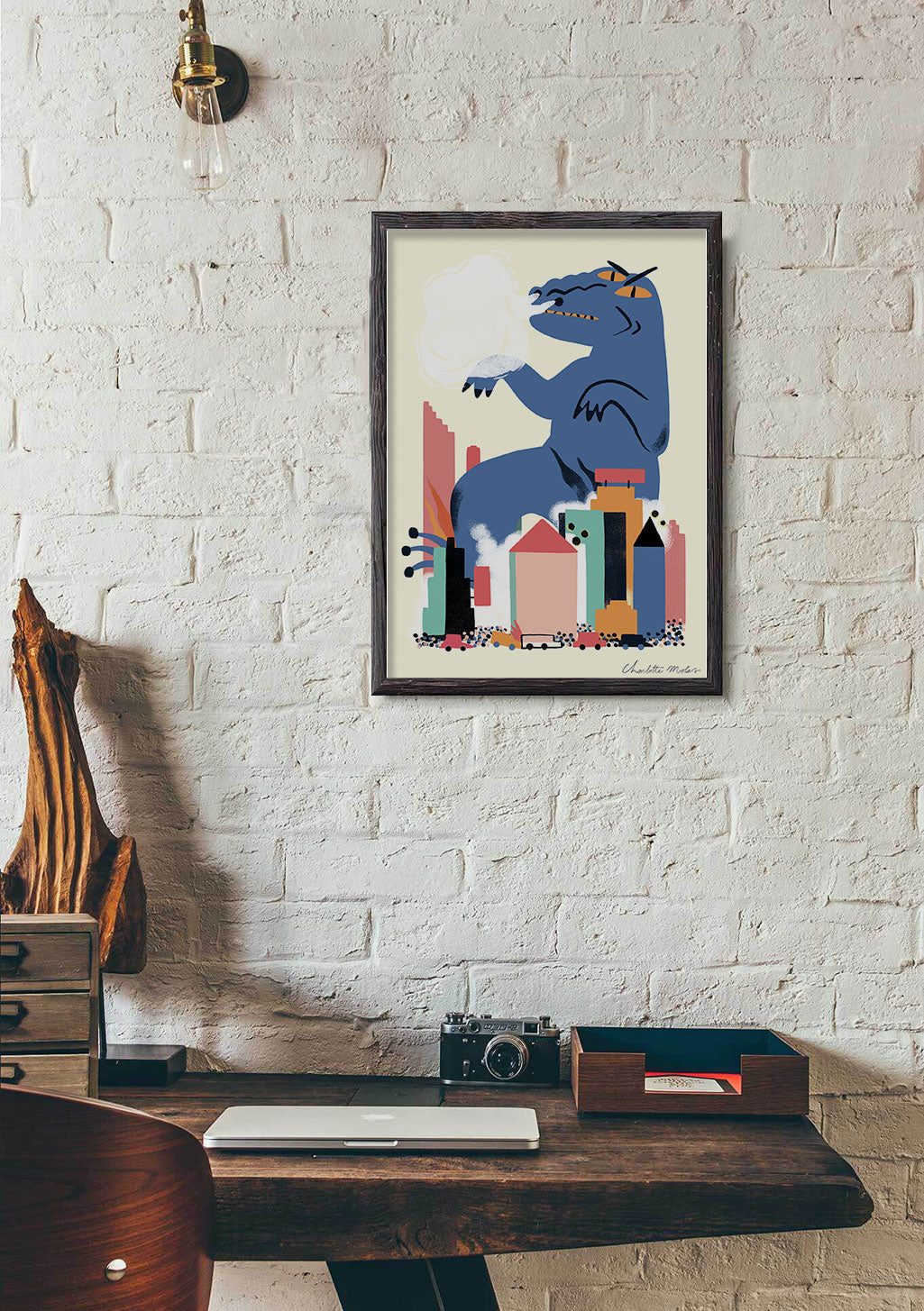 Poster de dragon bleu sur fond de ville coloré