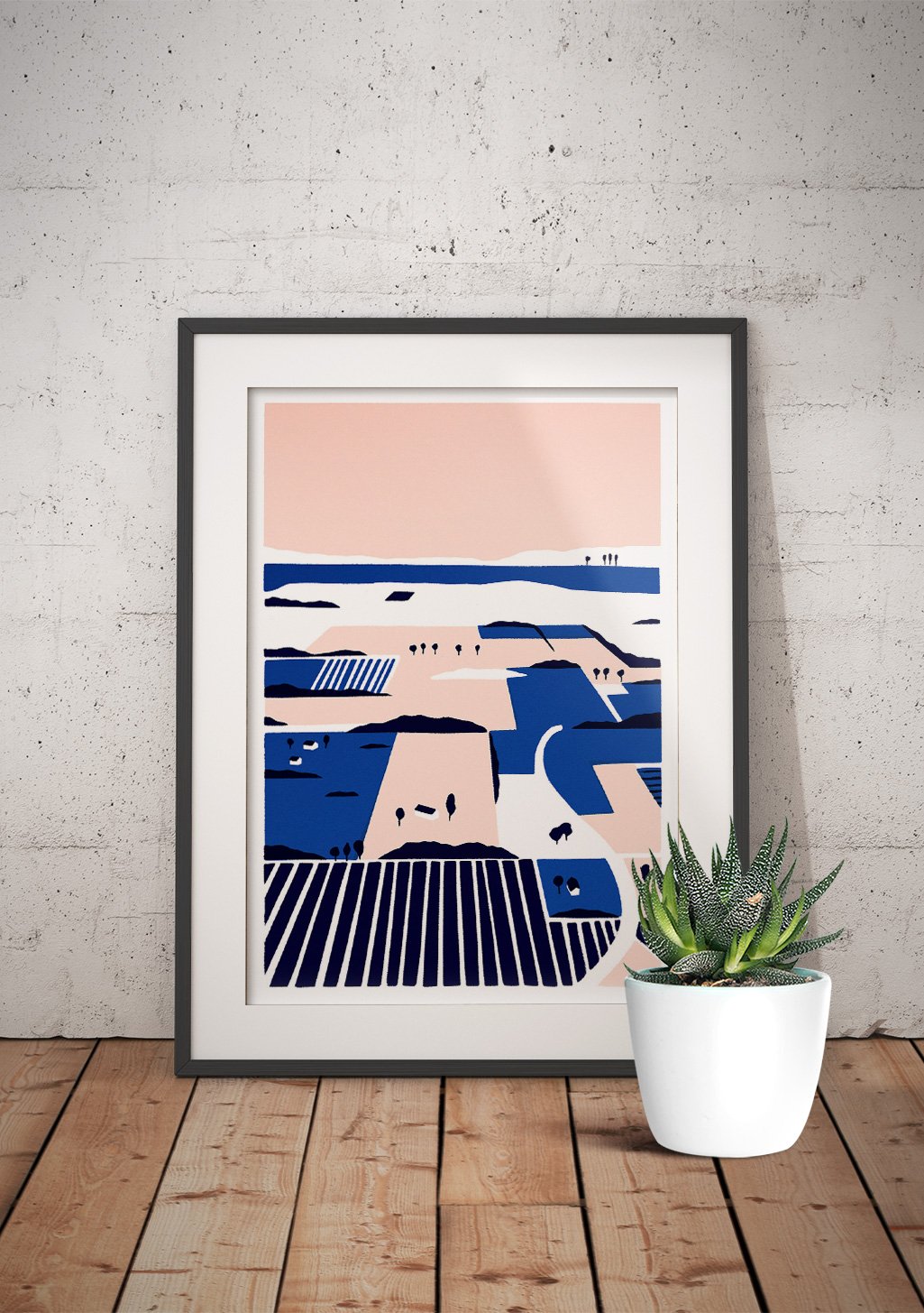 Poster abstrait avec formes géométriques bleues et beiges