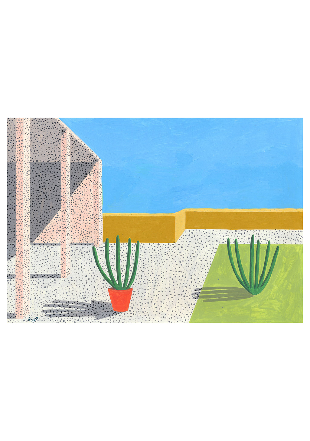 Art abstrait, mur jaune, cactus en pot, ciel bleu, motif pointillé