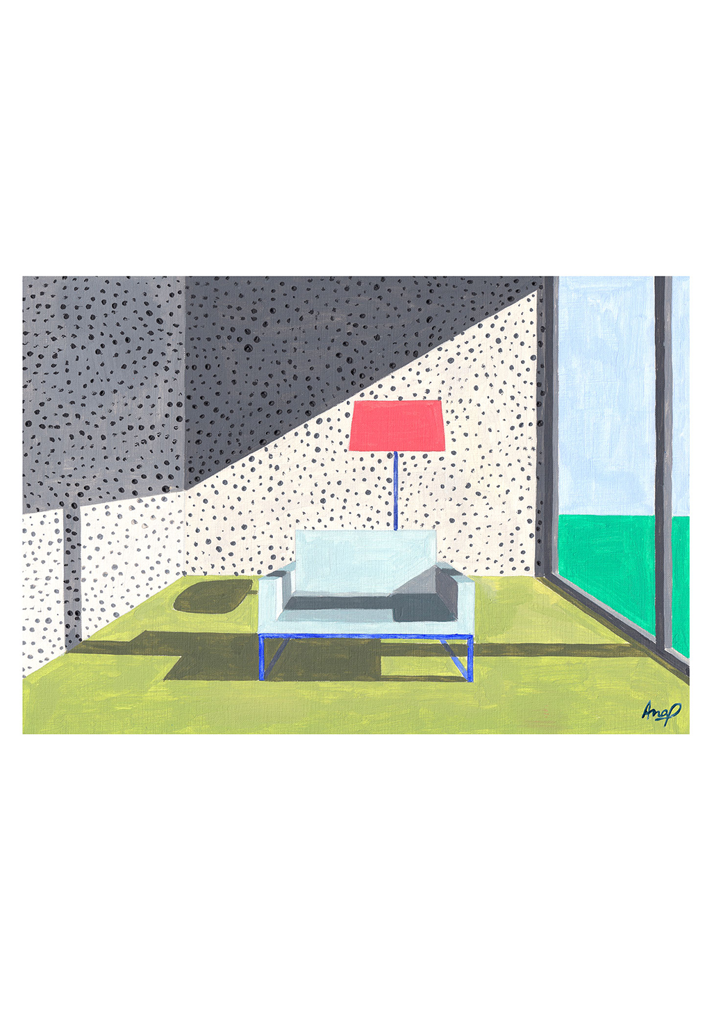 canapé bleu, lampe rouge, mur à pois, fenêtre, sol vert