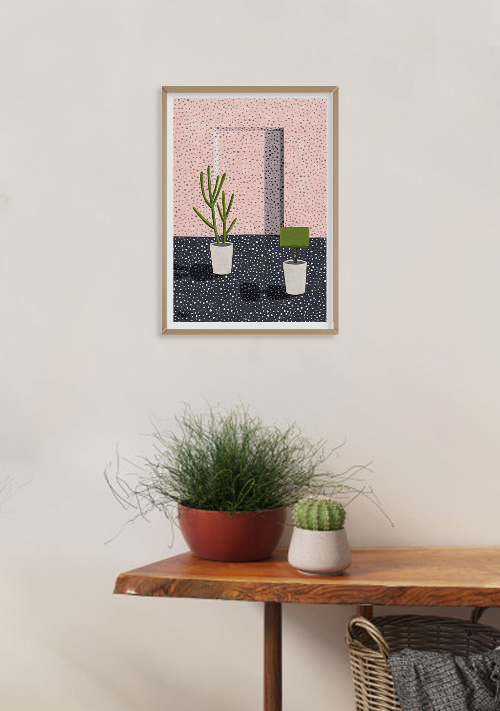 Poster avec cactus, pots, ciel rose, étoiles