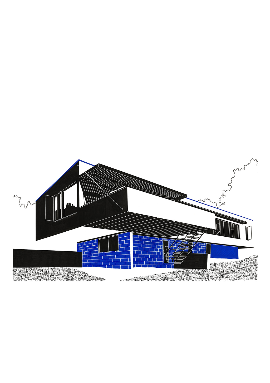 Maison moderne, toit incliné, murs en briques bleues, fenêtres, escalier, paysage minimaliste