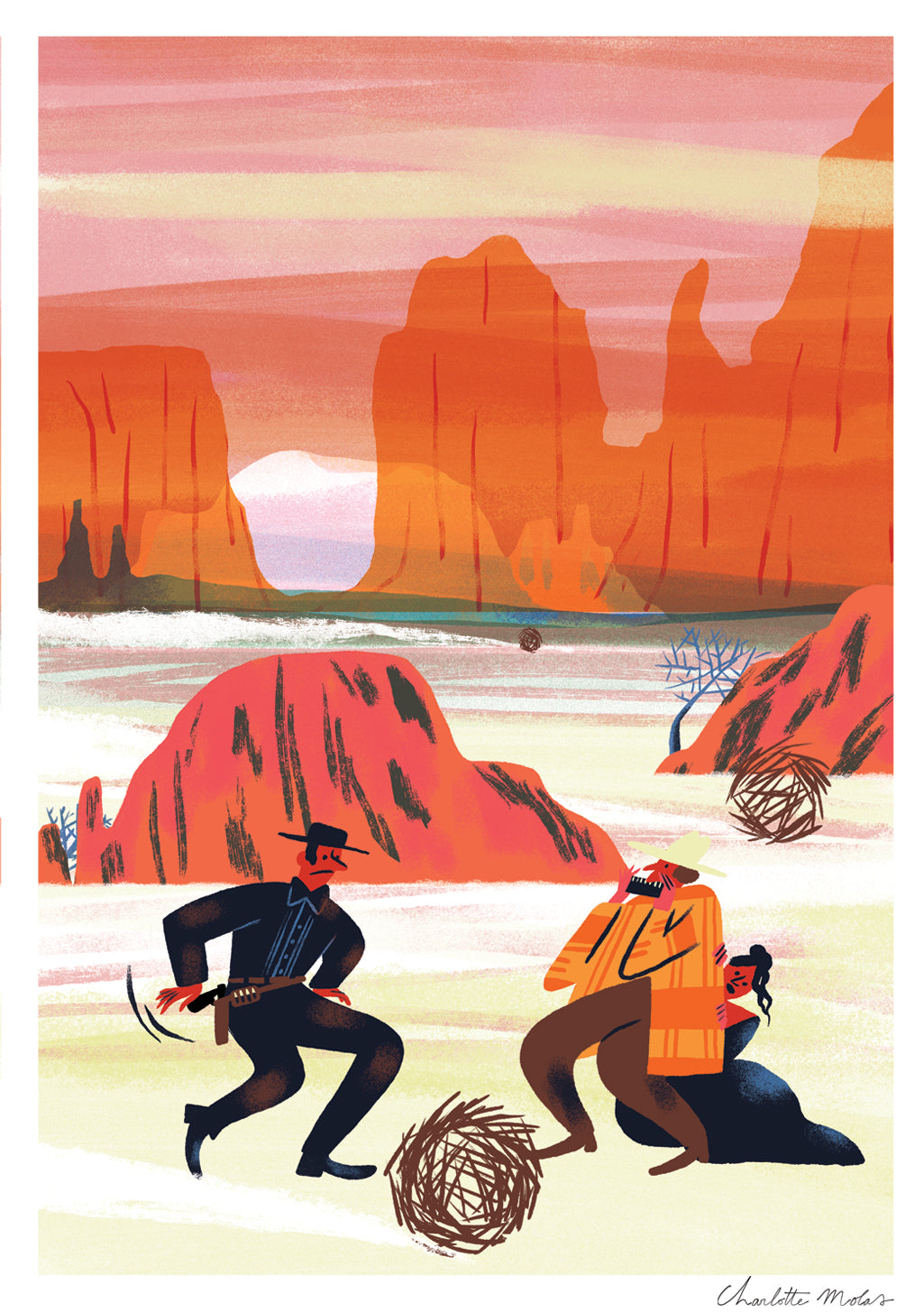 Dessins animés, cow-boys, désert, coucher de soleil, poursuite, rochers rouges