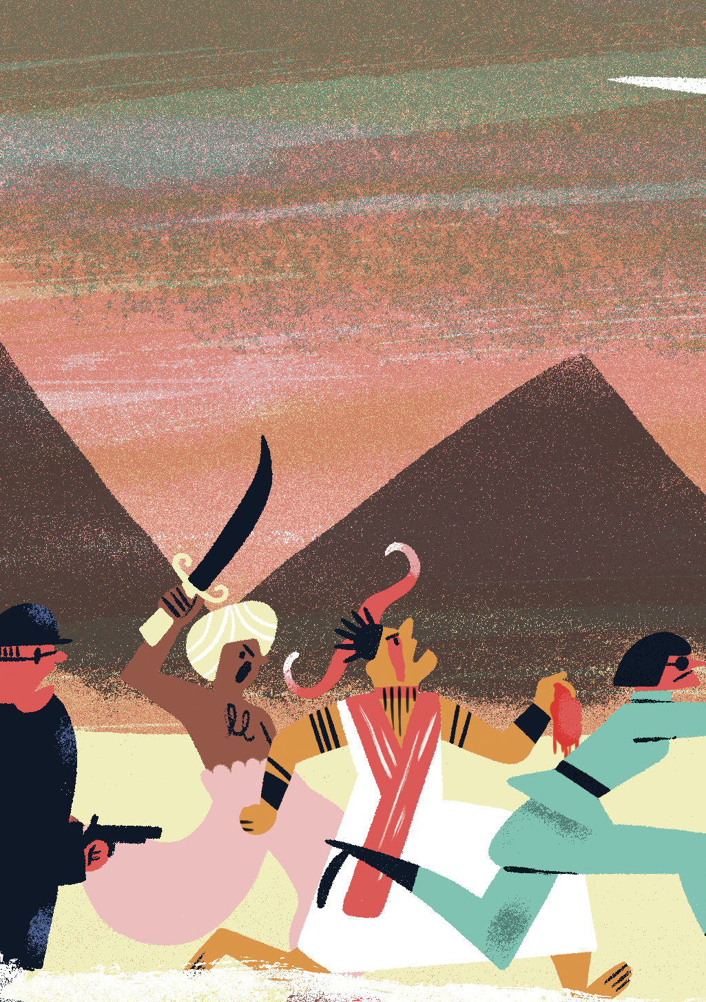 Illustration stylisée de personnes avec des armes dans le désert