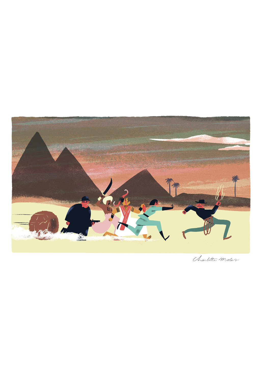 Dessins animés, désert, pyramides, course, personnages colorés
