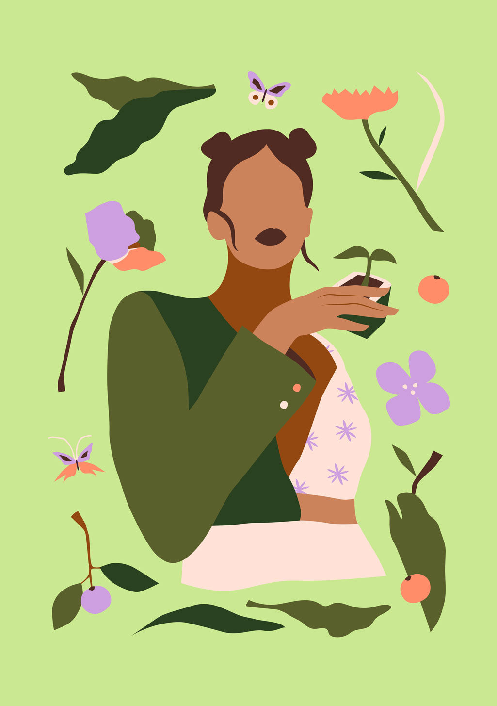 Femme tenant une plante, fleurs, papillons, fruits, fond vert