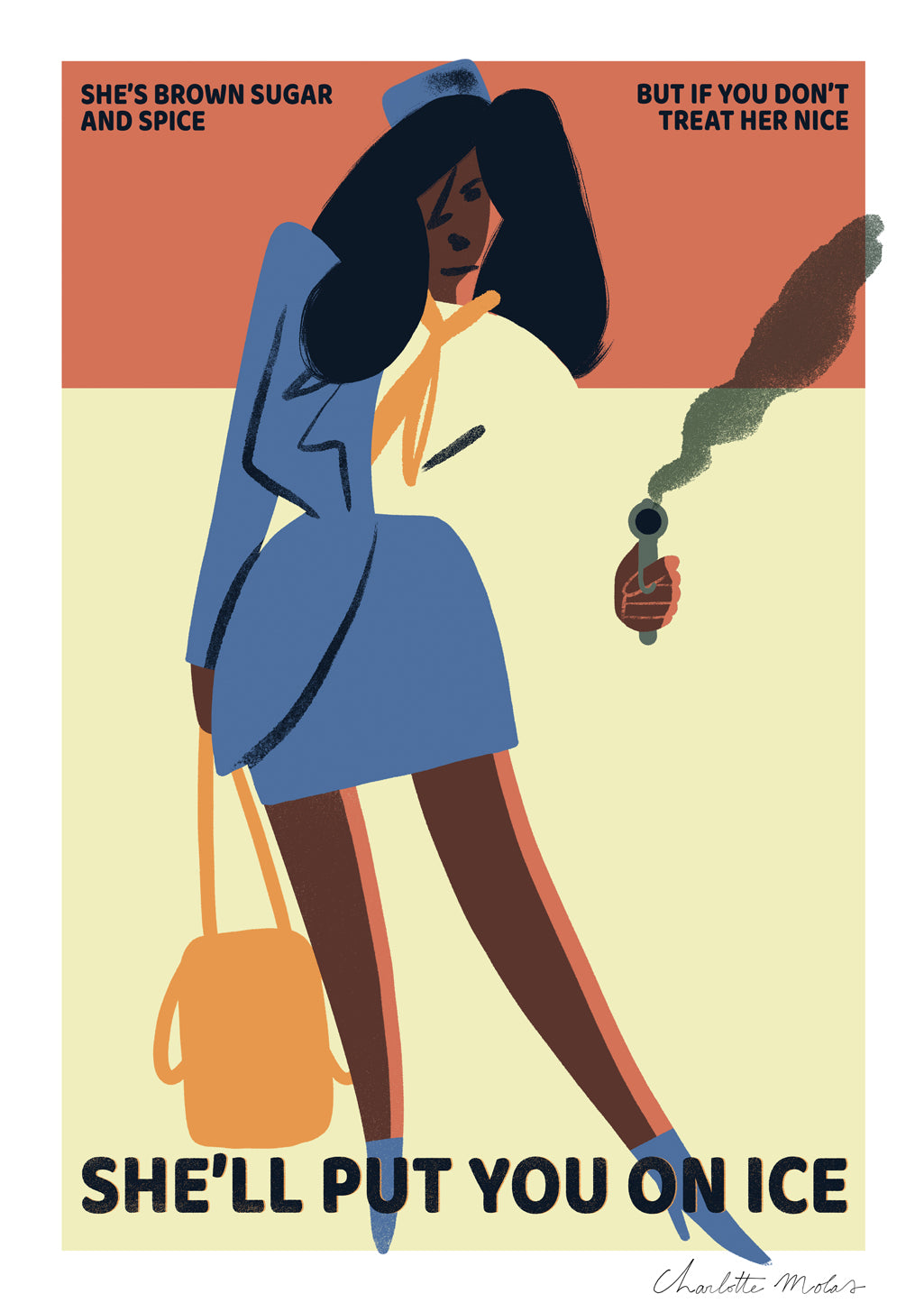 Femme avec sac, cigarette, texte menaçant