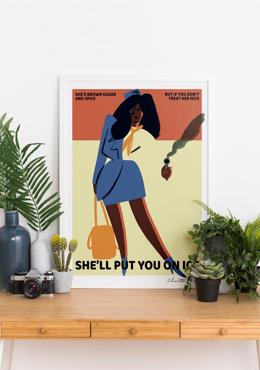 Femme stylisée, sucre brun, épice, glace, texte humoristique, fond coloré