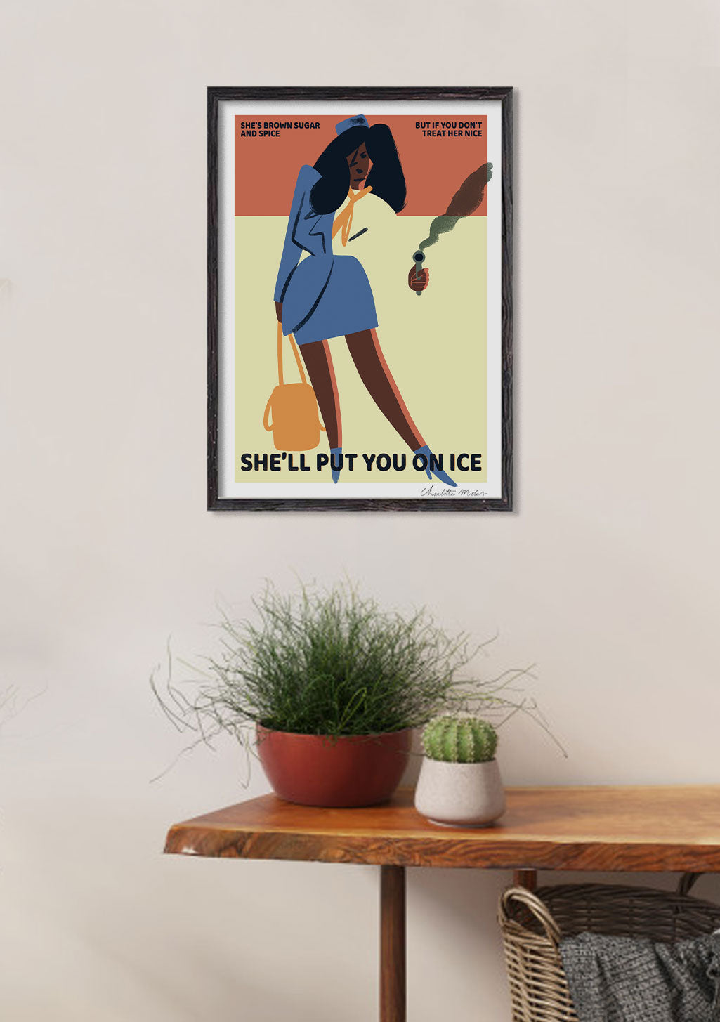 Femme stylisée, texte audacieux, couleurs vives, art moderne