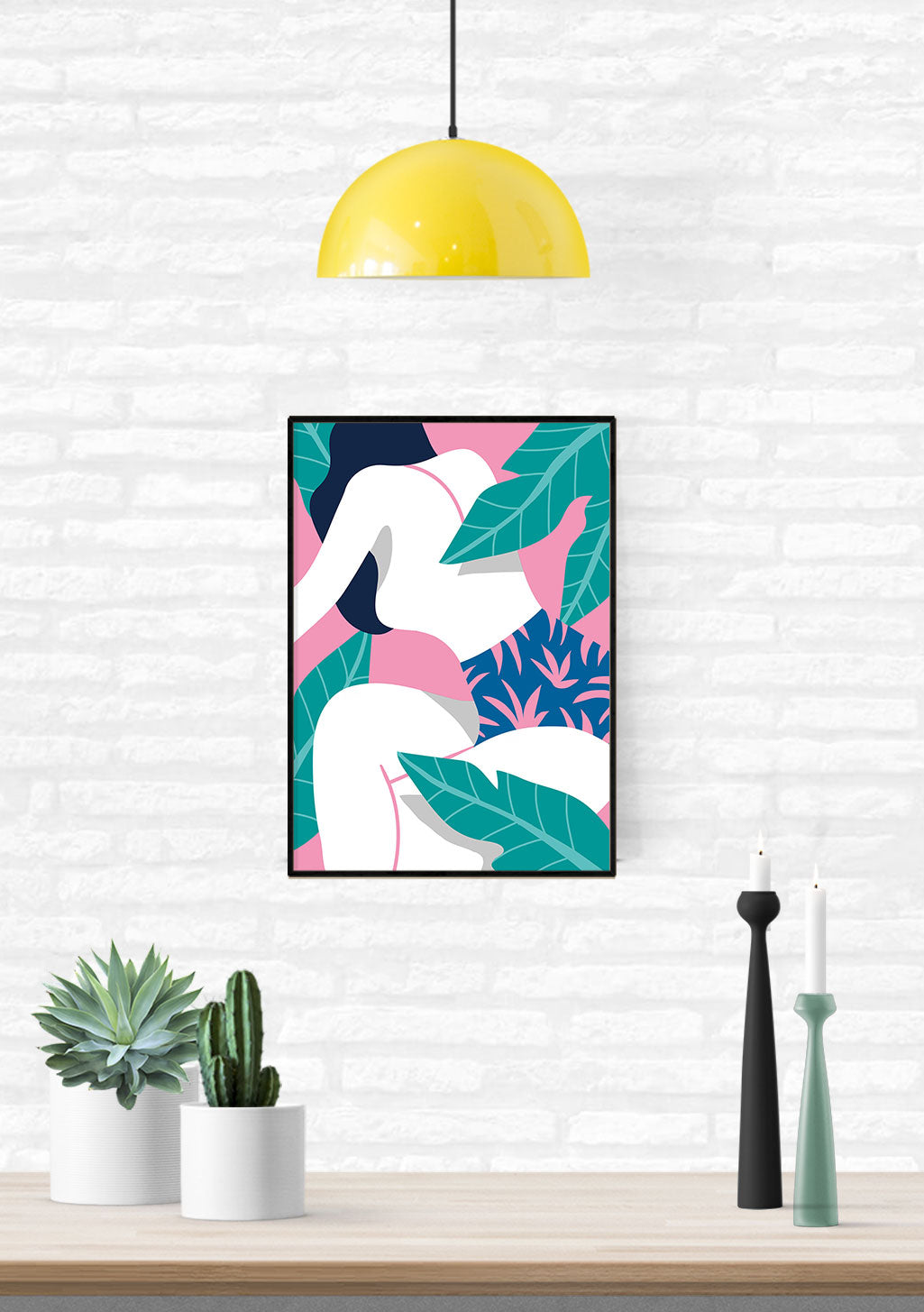 Poster abstrait avec feuilles colorées et formes géométriques