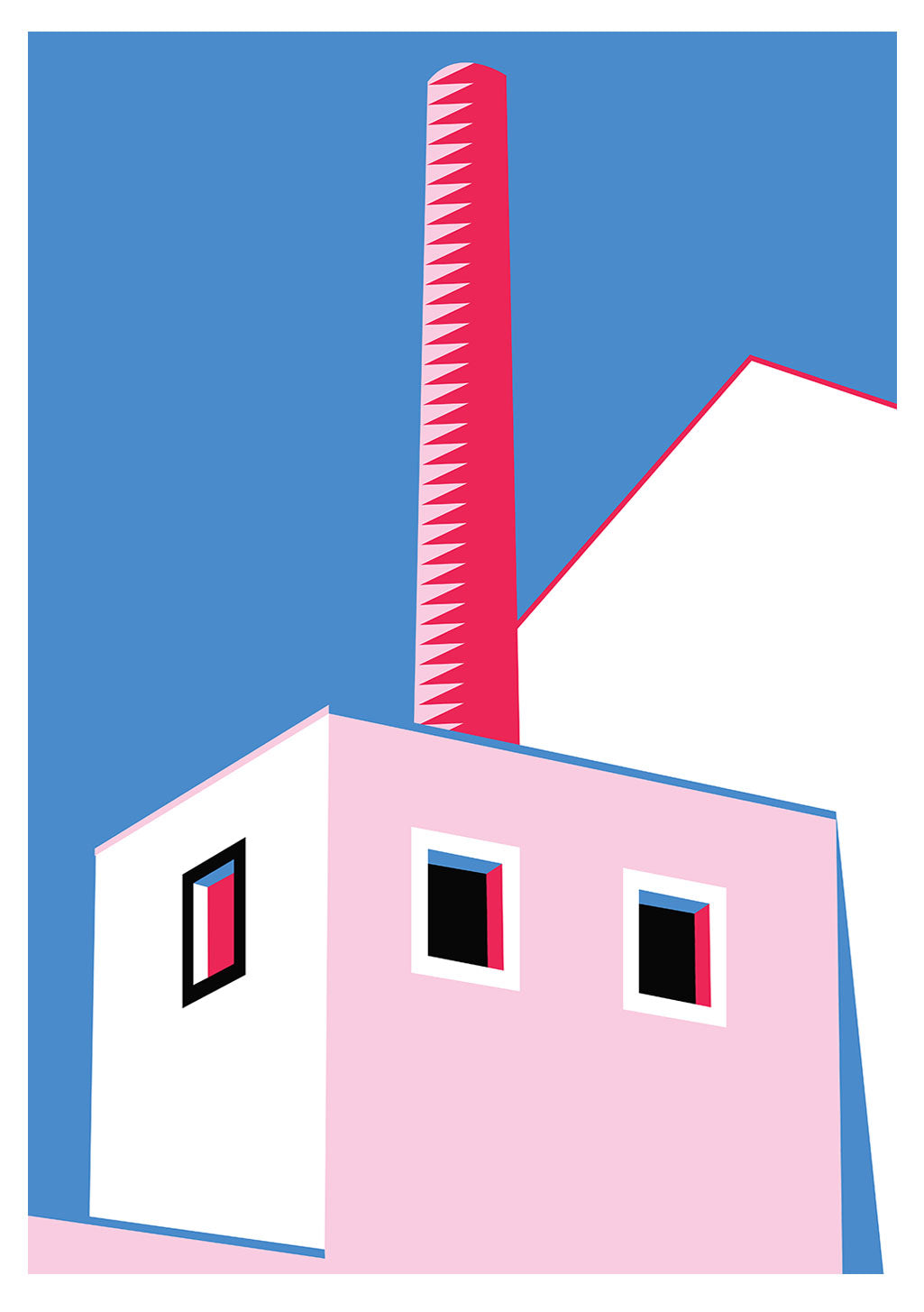 Maison rose avec cheminée rouge, deux fenêtres, ciel bleu