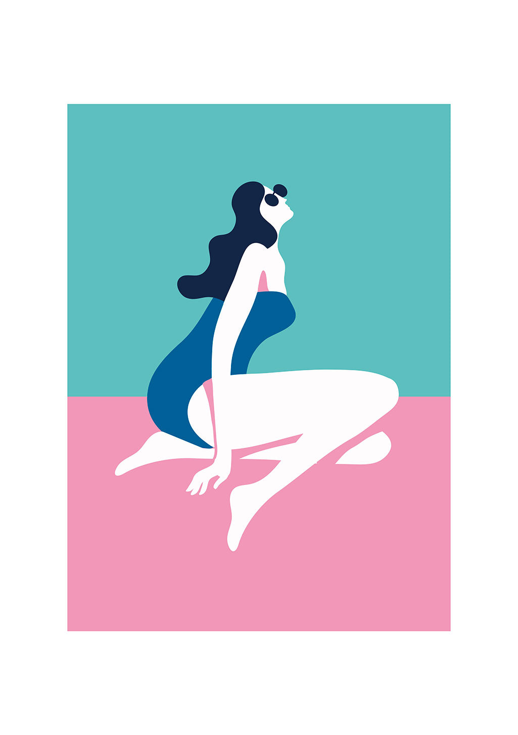Femme stylisée sur planche de surf rose et bleu