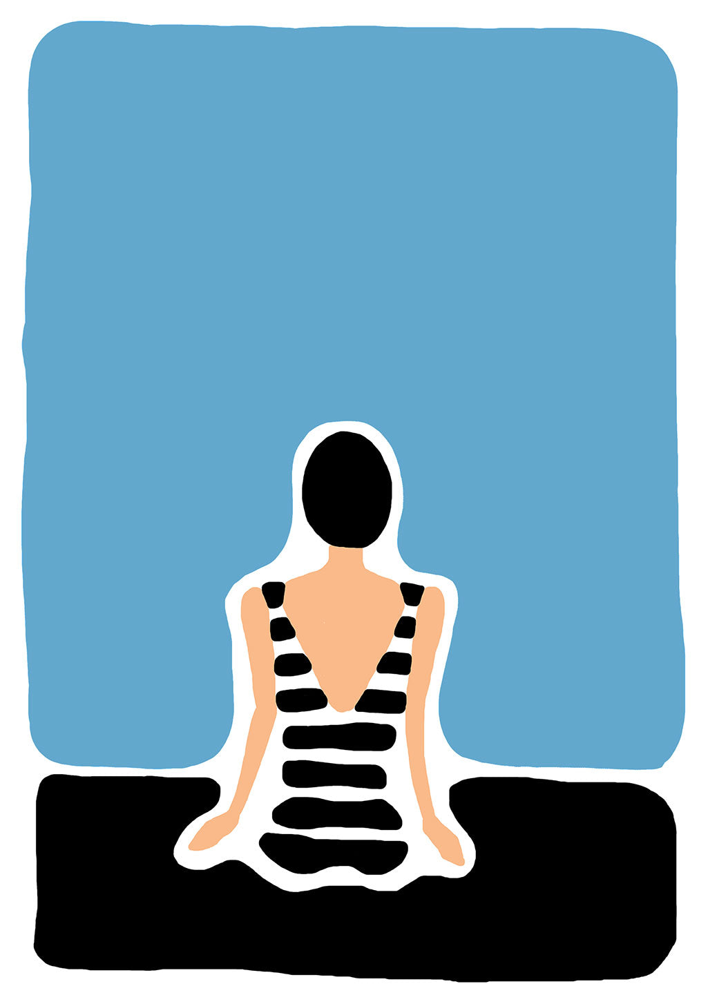 Personne méditant avec squelette visible, fond bleu