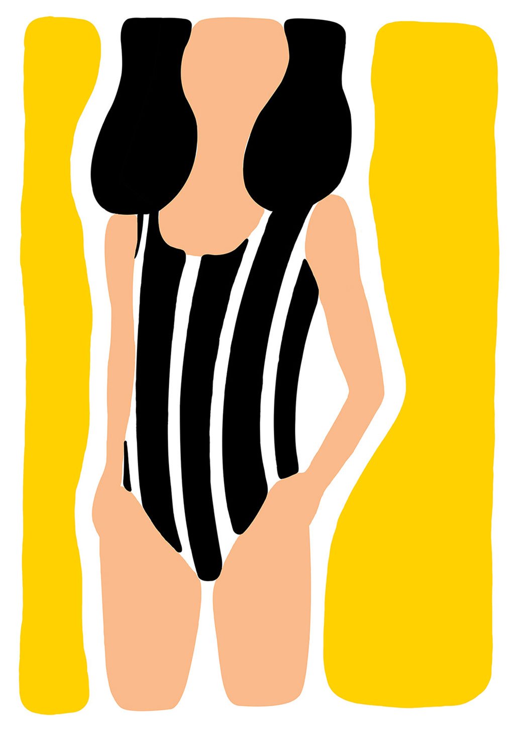 Femme stylisée, maillot de bain rayé, jaune, formes géométriques