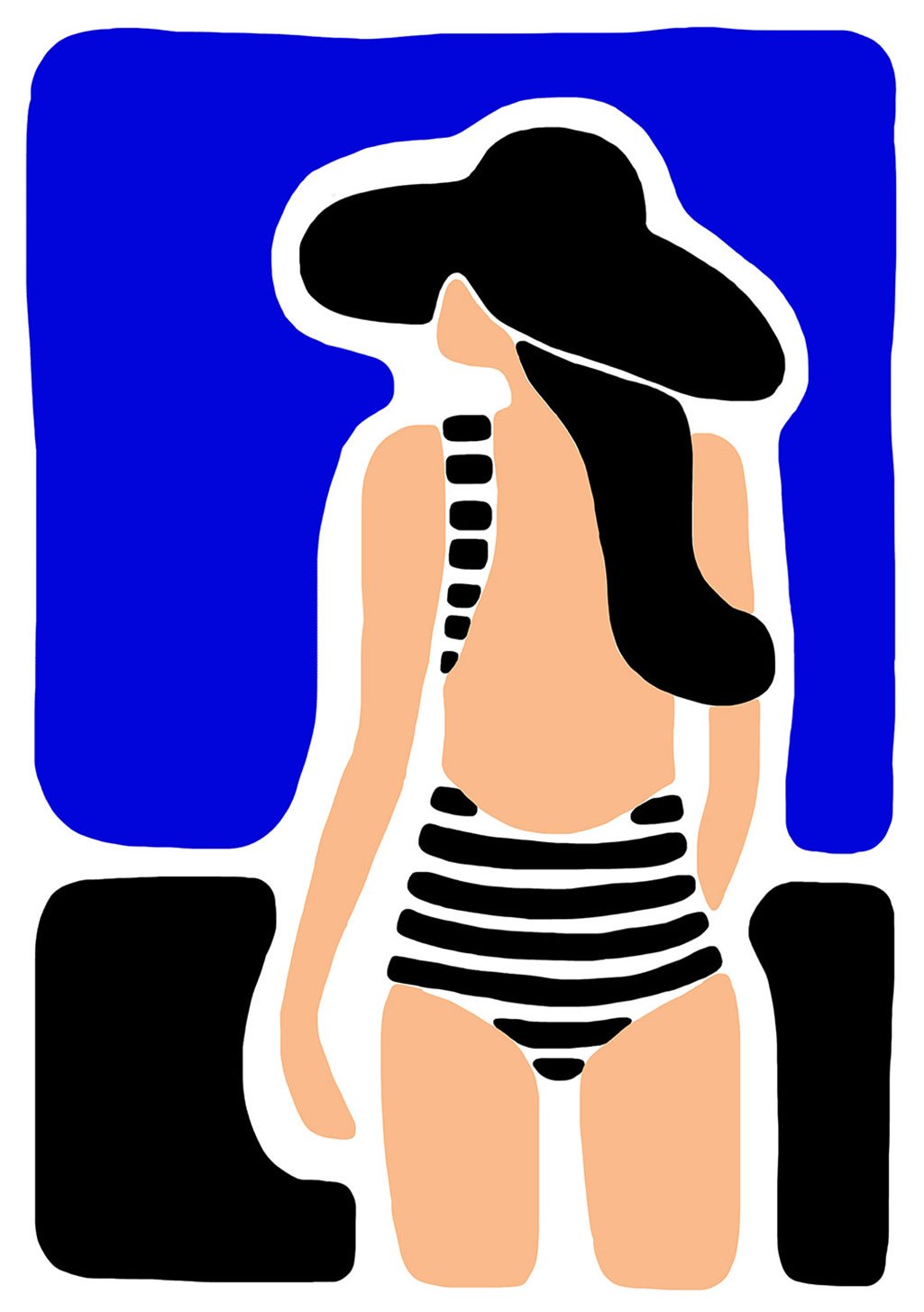 Femme en maillot de bain, chapeau, fond bleu, silhouette stylisée