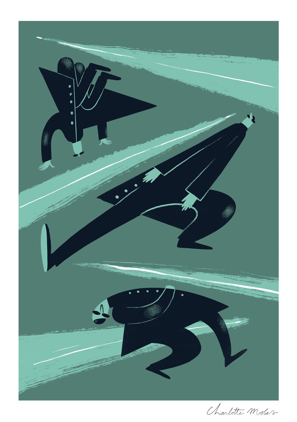Illustration abstraite de trois figures stylisées en noir et vert.