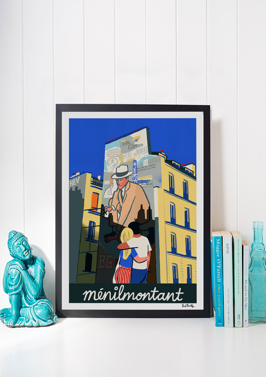 Poster de rue parisienne avec homme et femme, texte ménilmontant