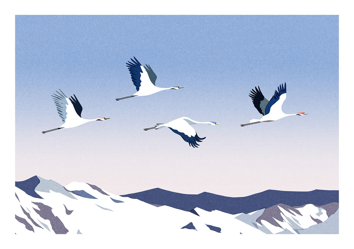 Oiseaux en vol au-dessus de montagnes enneigées