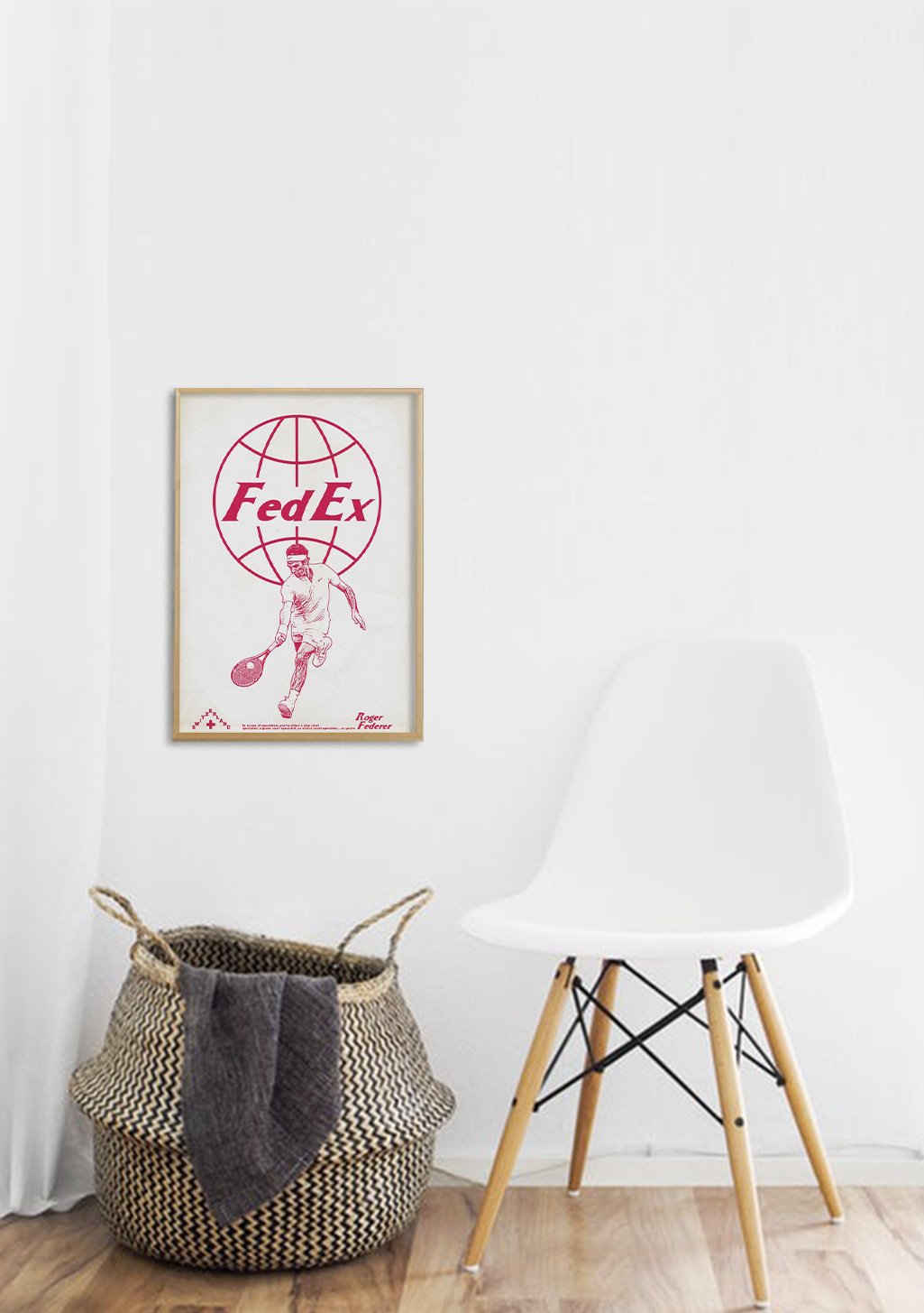 FedEx, globe, homme, course, livraison, vintage, rouge, blanc, cadre, mur, chaise, panier
