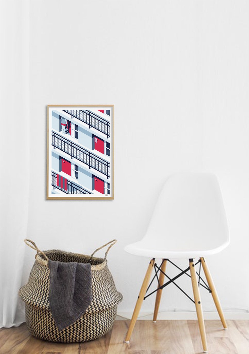 Poster de bâtiment abstrait avec balcons rouges