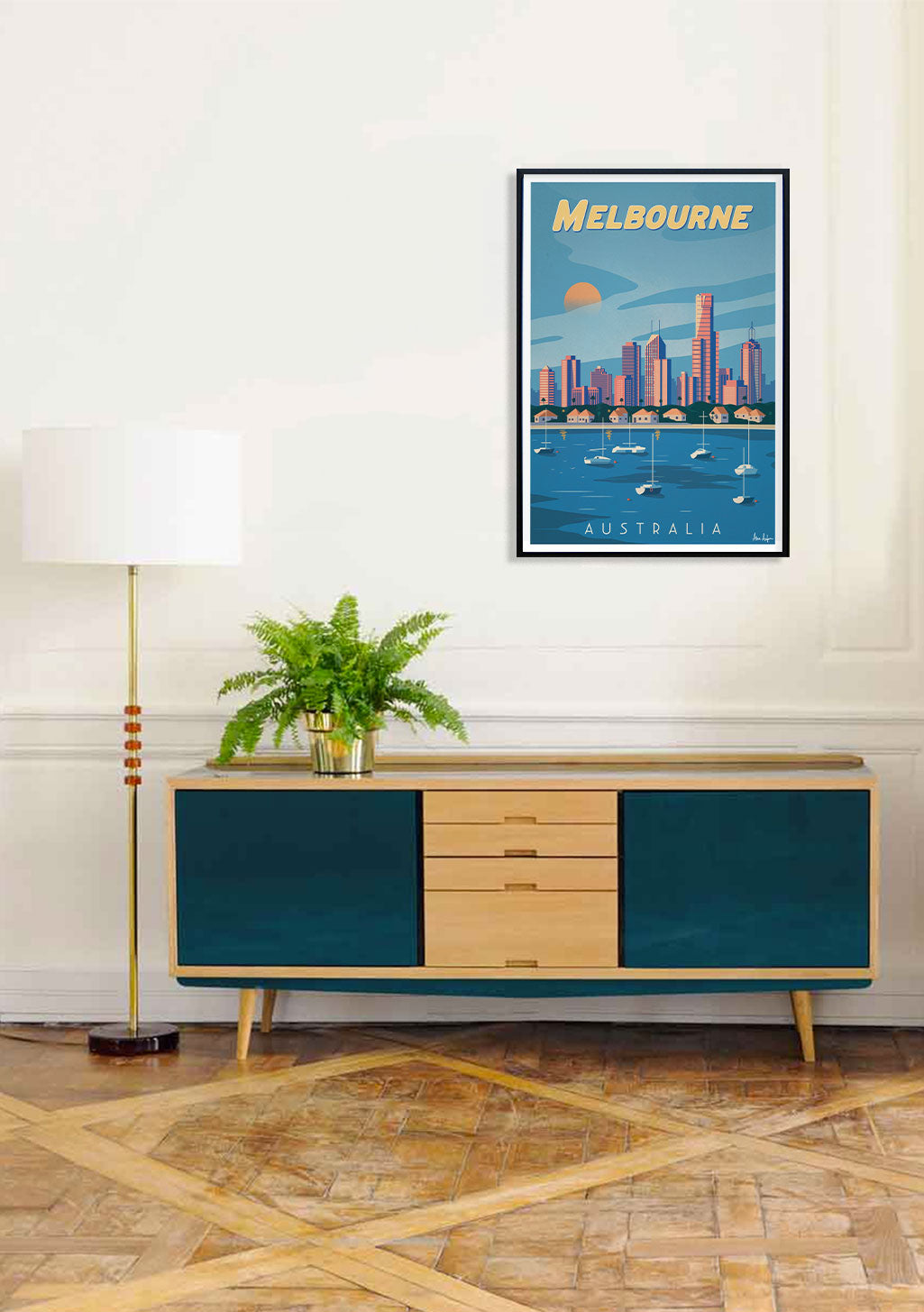 Poster de Melbourne, Australie, ville, coucher de soleil, skyline, bateau, bleu, vintage