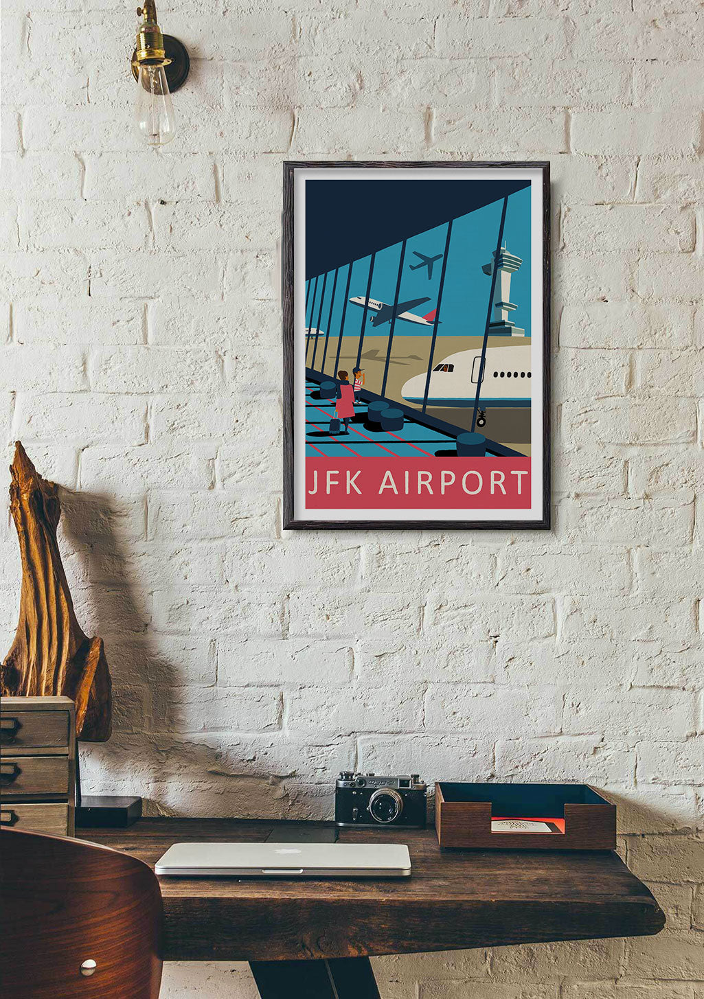 Aéroport JFK, avion, terminal, voyage, art déco, affiche, cadre, mur de briques, bureau, vintage