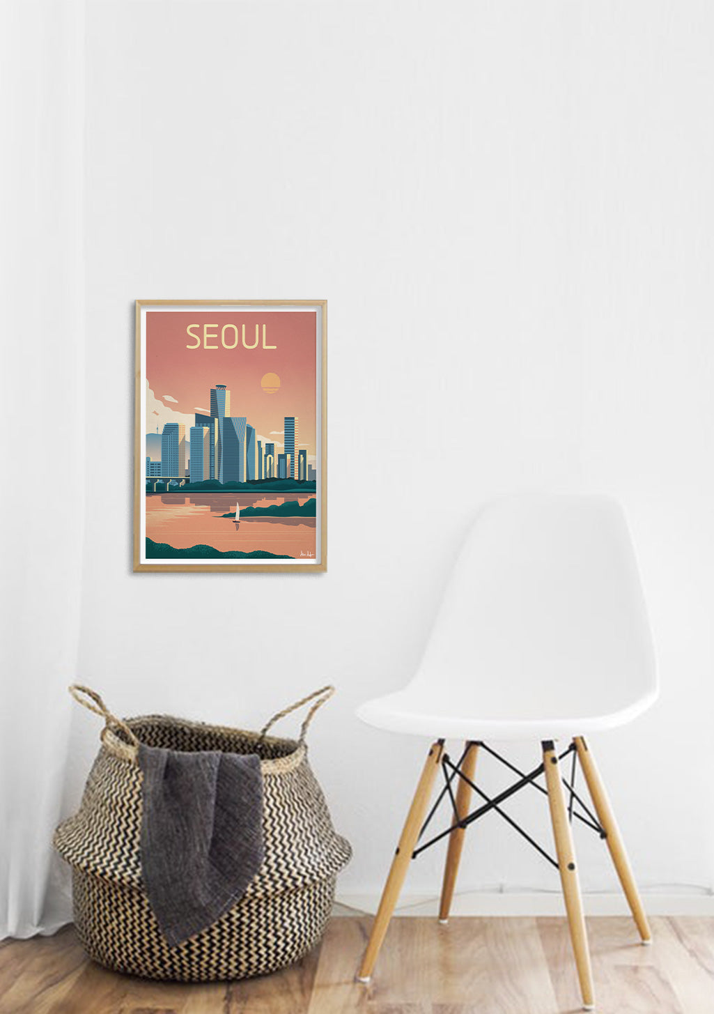 Poster de Séoul, ville, coucher de soleil, gratte-ciel, rivière, illustration stylisée