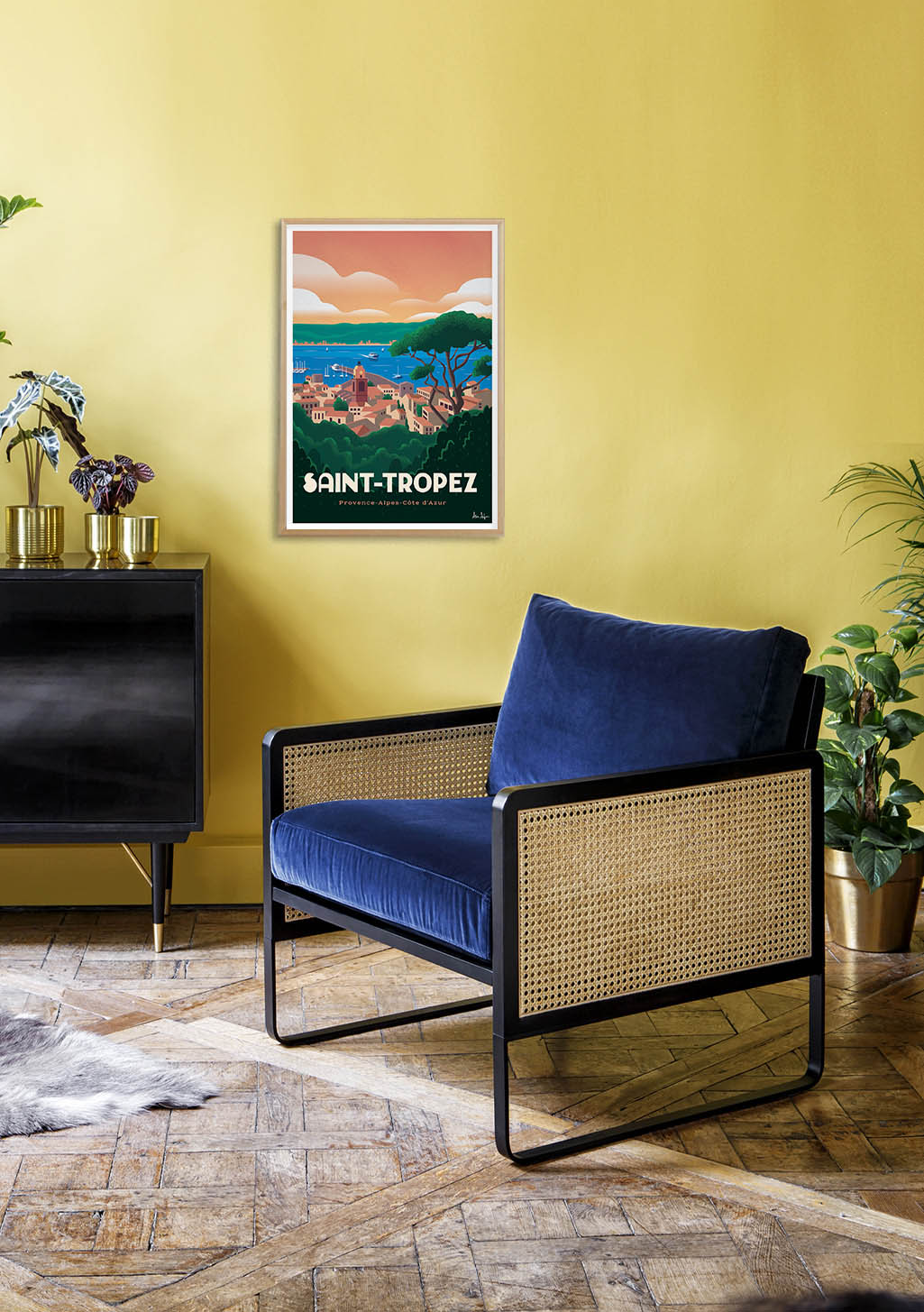 Poster Saint-Tropez, paysage, mer, coucher de soleil, village, France