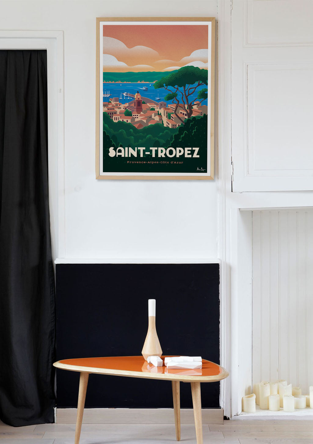 Saint-Tropez, Provence, Côte d'Azur, paysage, ville, mer, coucher de soleil, maisons, arbres, bateau, ciel, plage