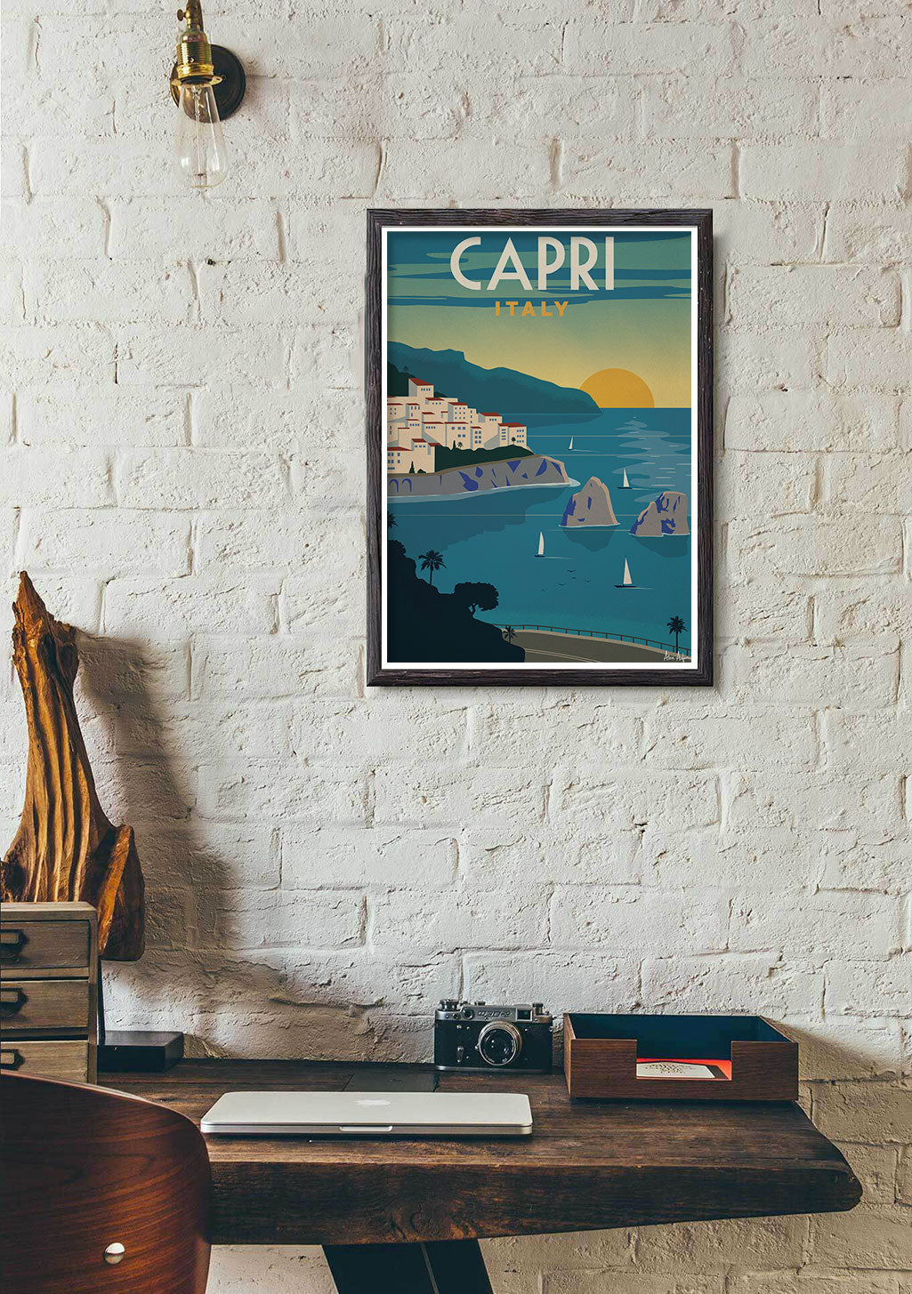 Poster de Capri Italie, plage, coucher de soleil, mer, bateaux, bâtiments, vintage