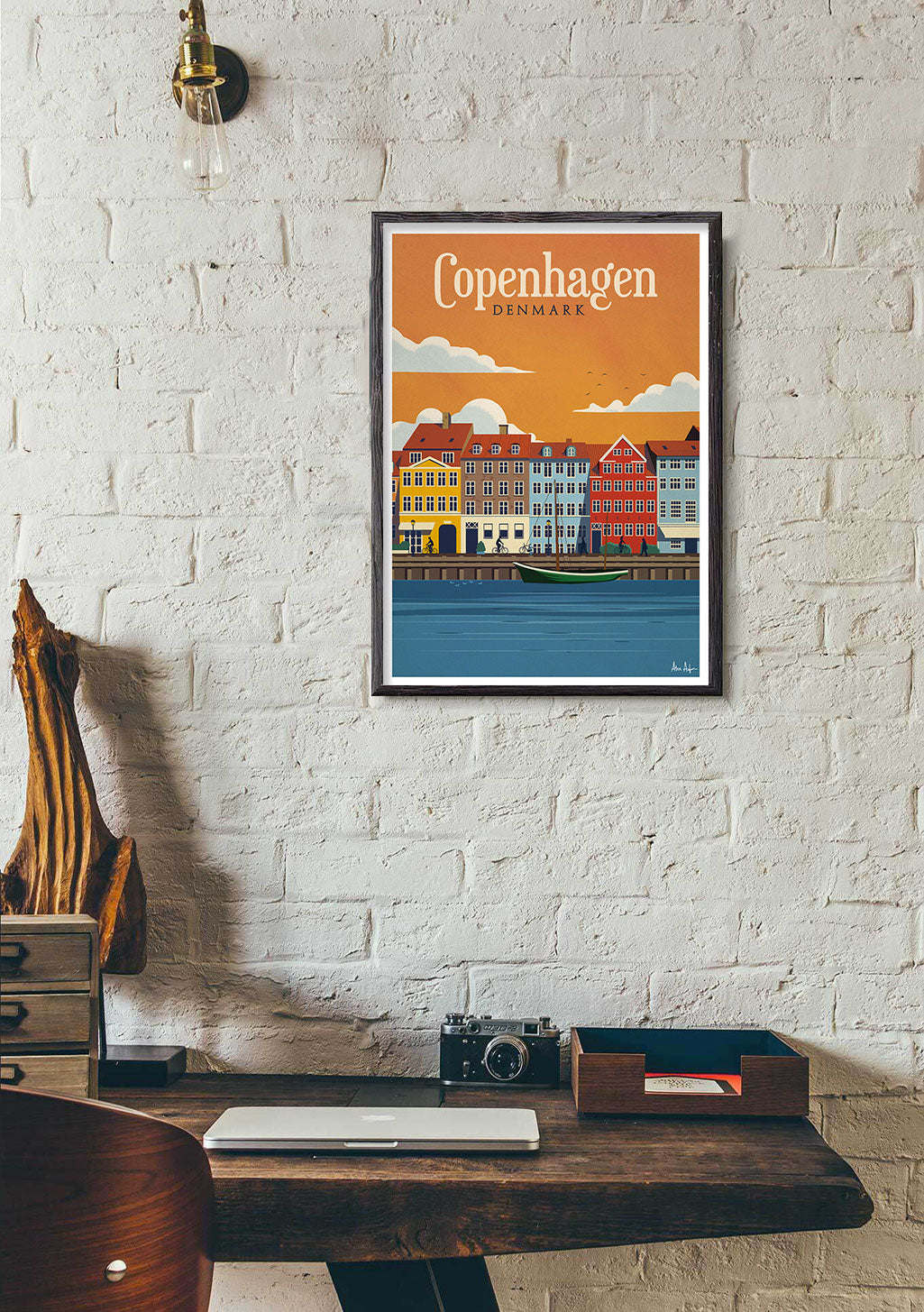 Poster de Copenhague, Danemark, ville, bâtiments, bateau, coucher de soleil