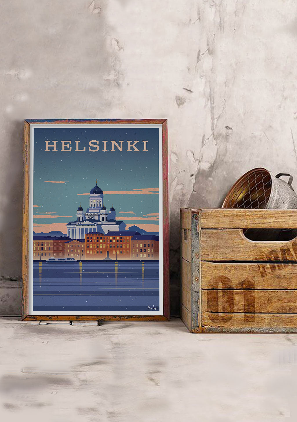 Poster de Helsinki avec cathédrale, bâtiments, ciel bleu et nuit