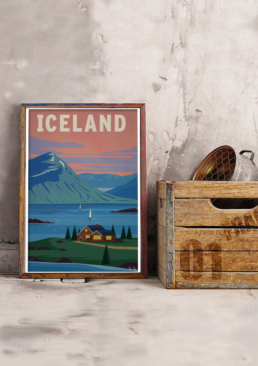 Poster d'icône de voyage d'Islande, maison, bateau, montagnes, coucher de soleil