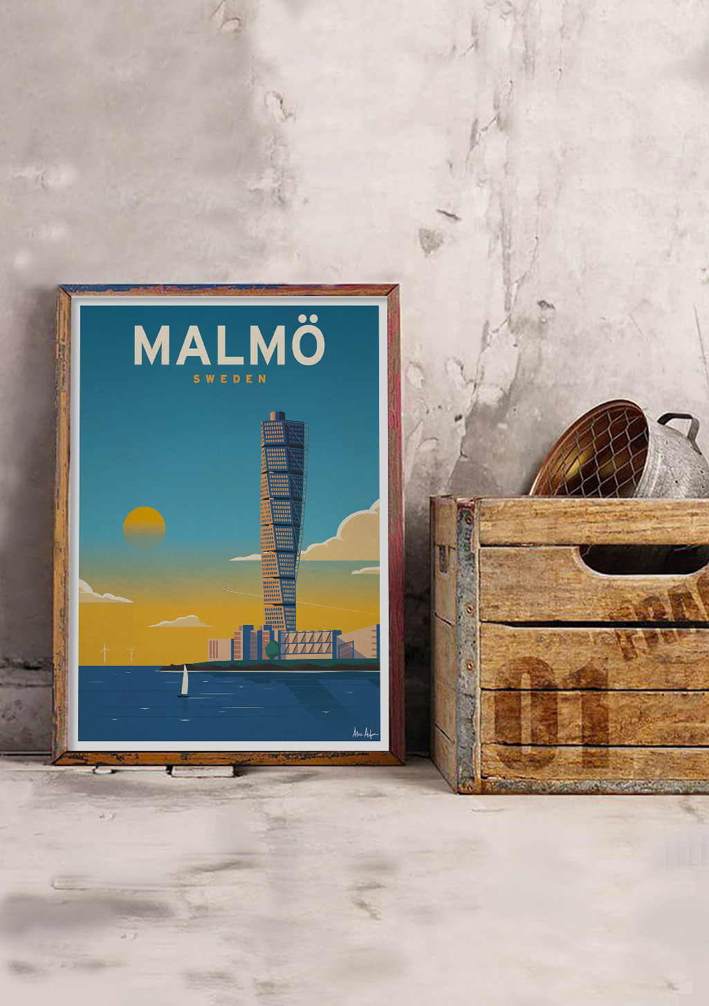 Poster Malmö Suède, Tour Twisted, Coucher de soleil, Bateau, Ville, Ciel bleu