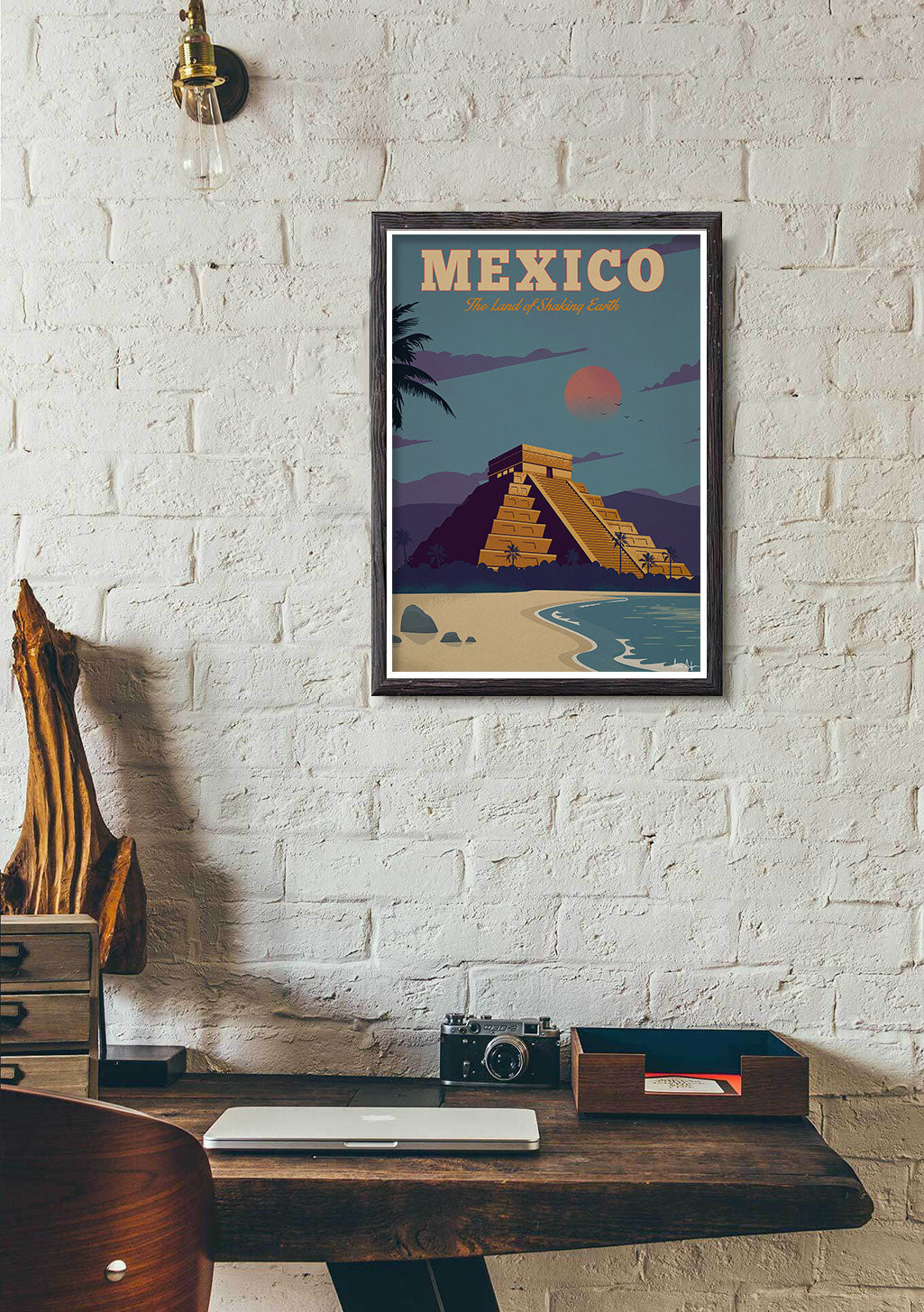 Poster de voyage Mexique, pyramide, coucher de soleil, plage, vintage