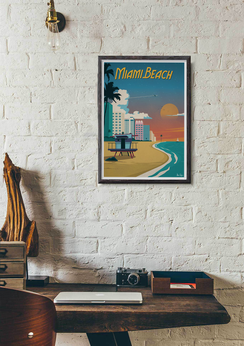 Plage de Miami, coucher de soleil, bâtiments, palmier, plage, avion