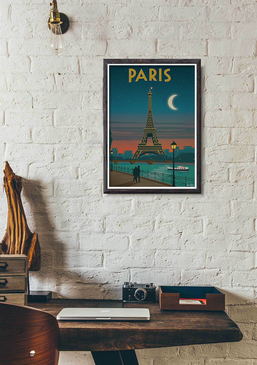 Tour Eiffel, Paris, lune, coucher de soleil, couple, vintage
