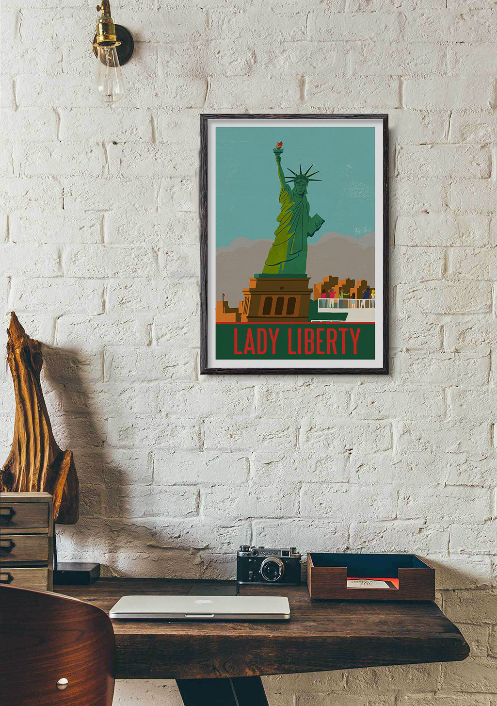 Statue de la Liberté, New York, art, murale, vert, bleu, ville, cadre, mur de briques, bureau, ordinateur portable