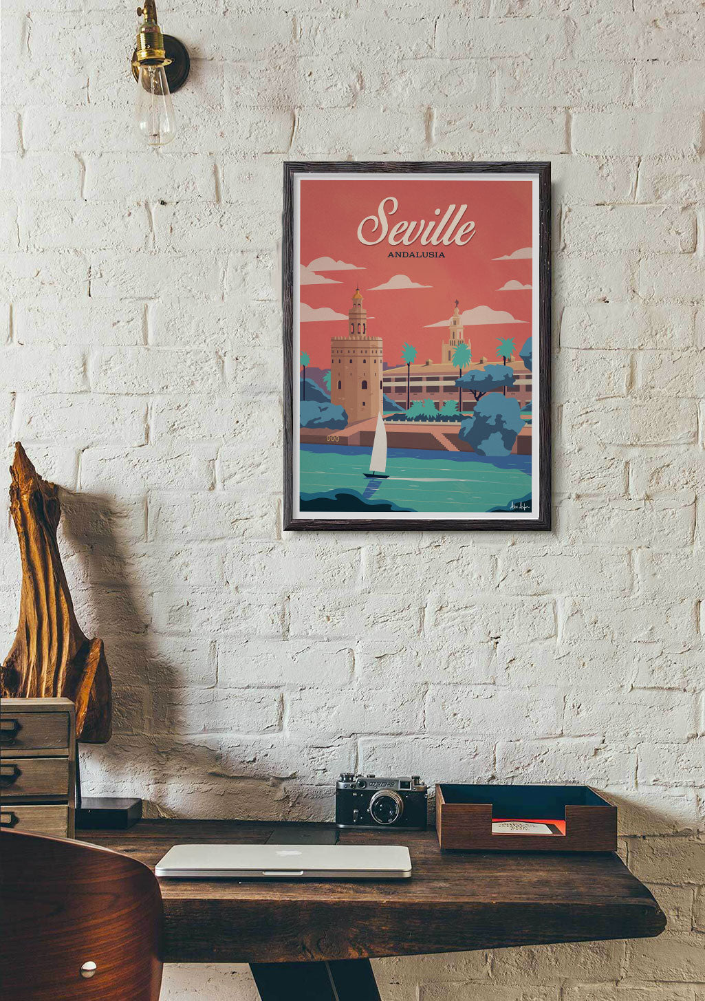 Poster de Seville, Andalousie, bateau, paysage urbain, ciel rouge