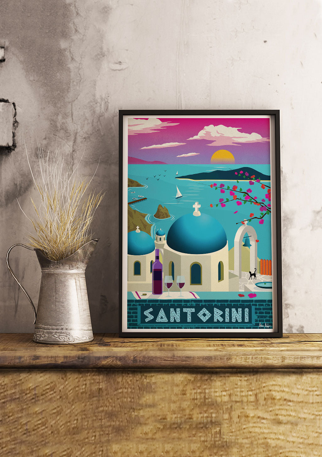 Poster Santorin, Grèce, coucher de soleil, mer, bâtiments, vin, bateau, ciel rose