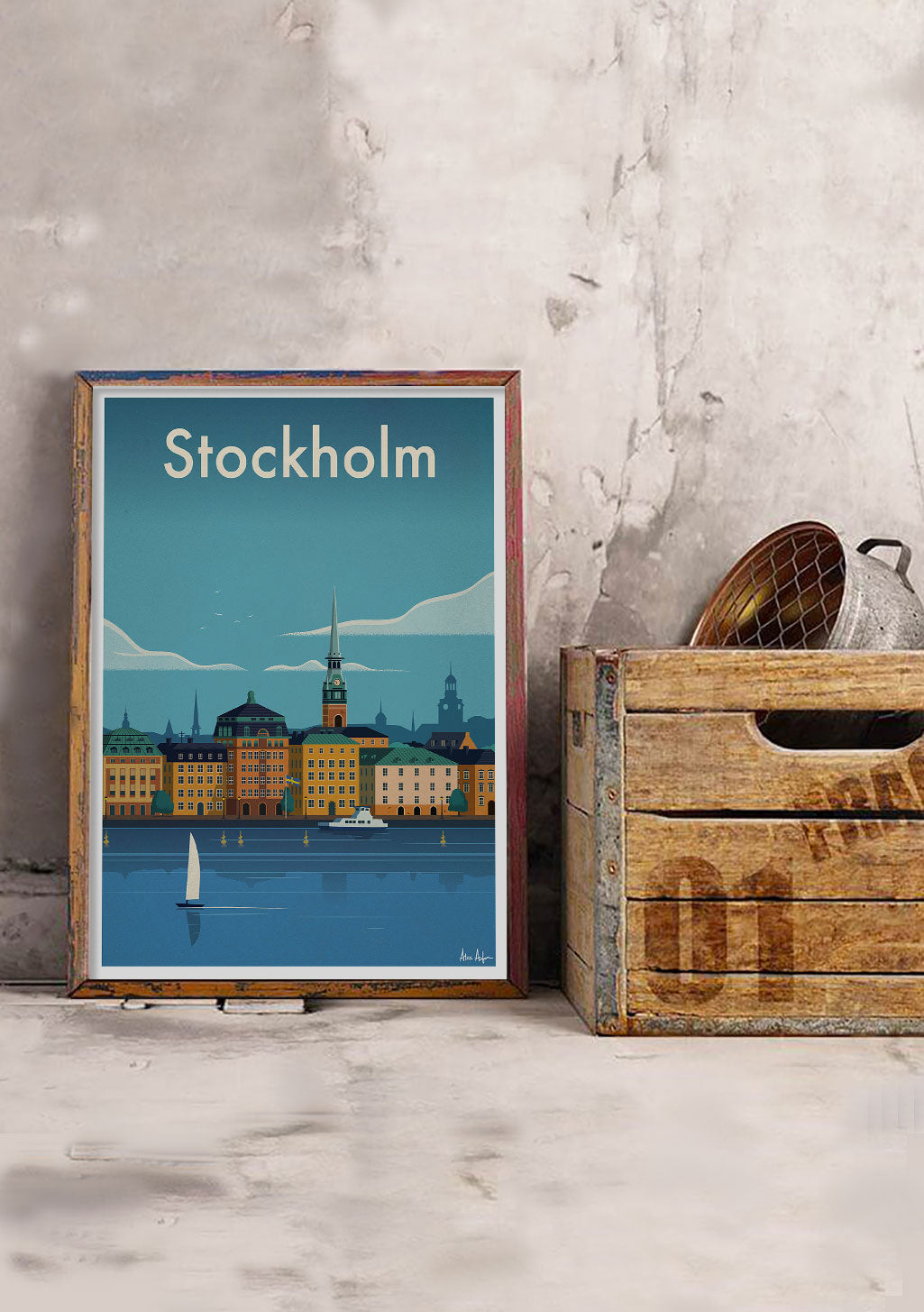 Stockholm, Ville, Bateau, Eau, Bâtiments, Ciel bleu, Illustratif, Encadré, Bois, Vintage, Décor, Intérieur