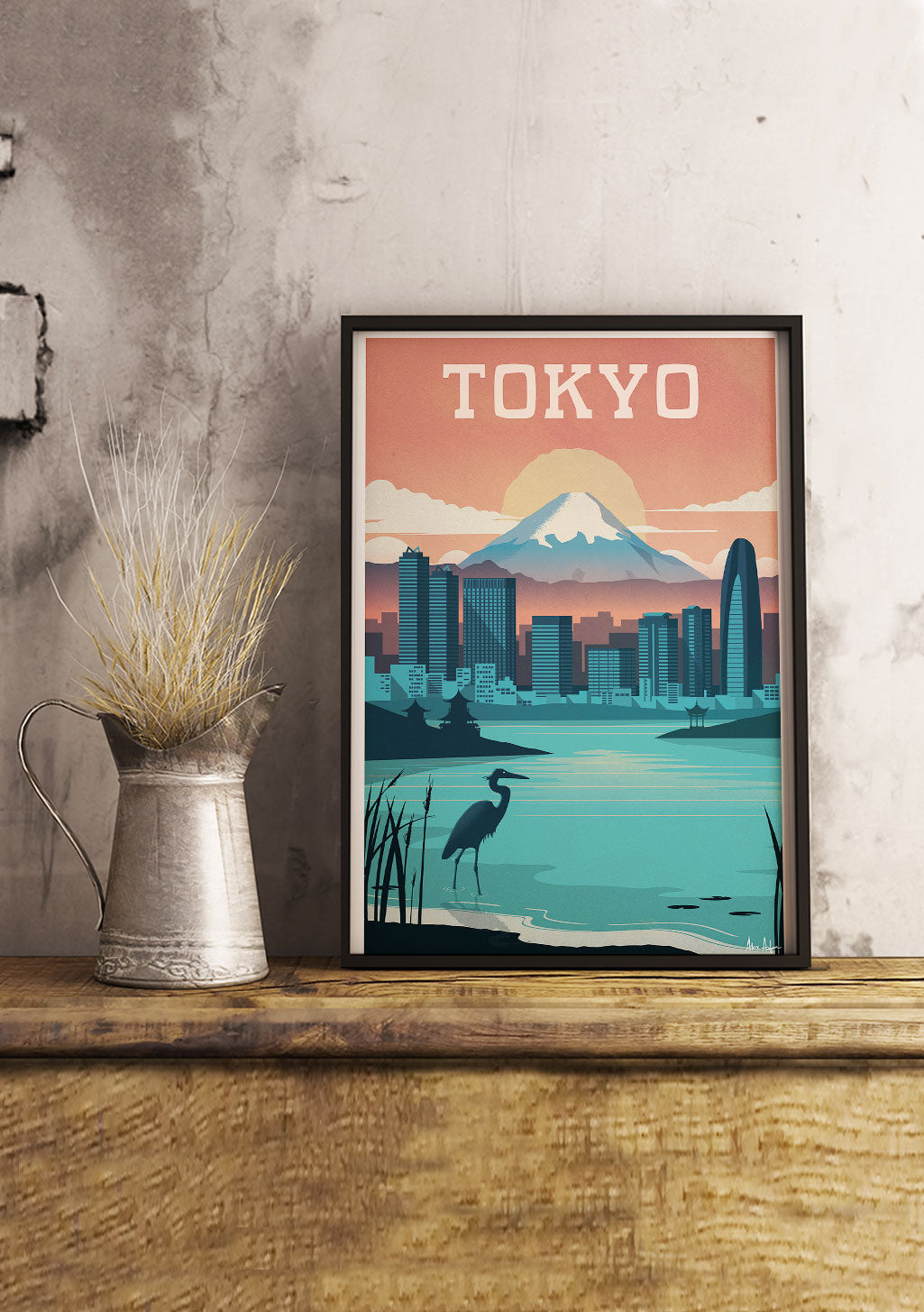 Poster de Tokyo avec Mont Fuji, ville, oiseau, coucher de soleil