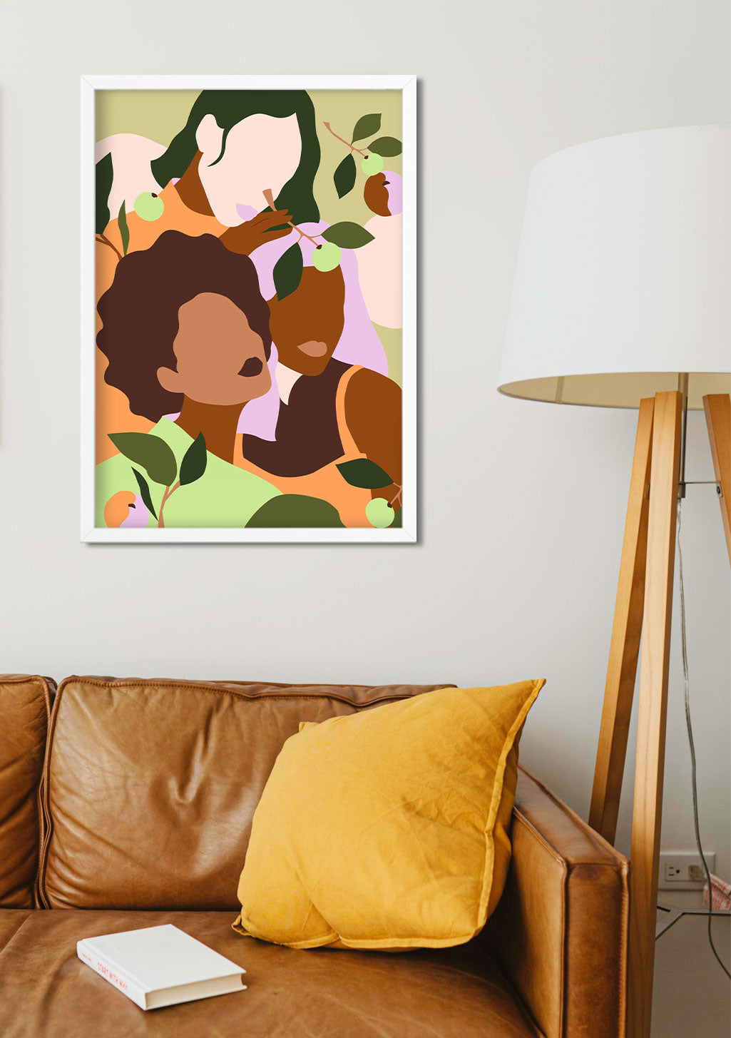 Art abstrait avec des figures stylisées et des feuilles